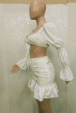 White Fashion Sexy Solid Bandage Backless V Neck Long Sleeve Two Pieces