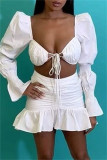 White Fashion Sexy Solid Bandage Backless V Neck Long Sleeve Two Pieces