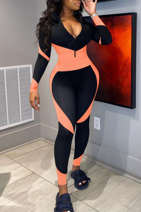 Orange Sportswear Print Patchwork Zipper Collar Skinny Jumpsuits
