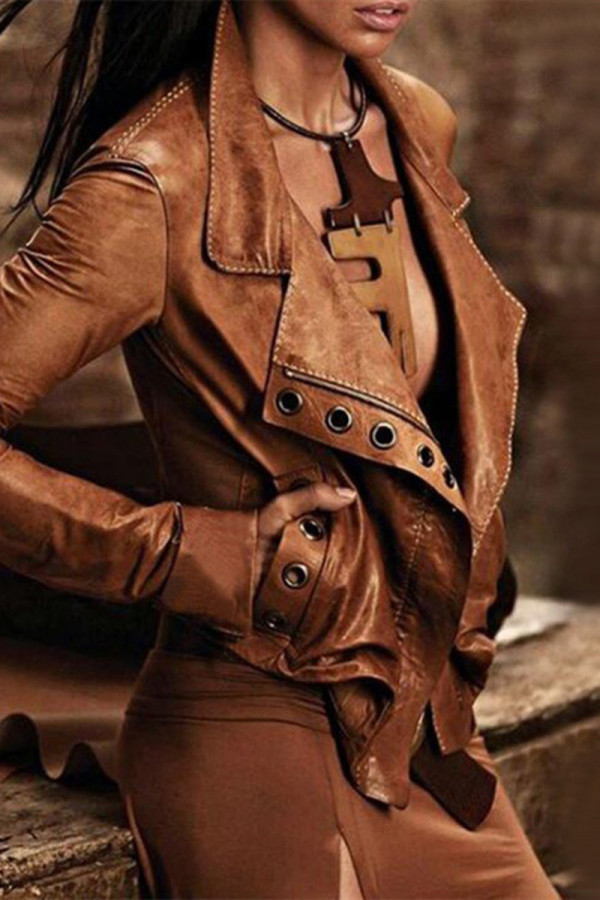 Brown Fashion Casual Solid Patchwork Turndown Collar Outerwear