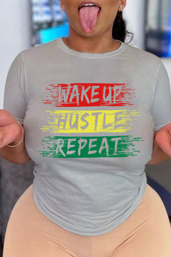Grey Casual Print Patchwork O Neck T-Shirts