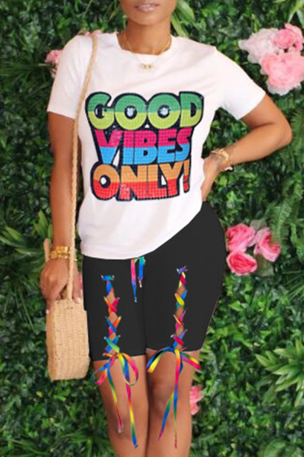 Black Casual Letter Print Bandage O Neck Short Sleeve Two Pieces