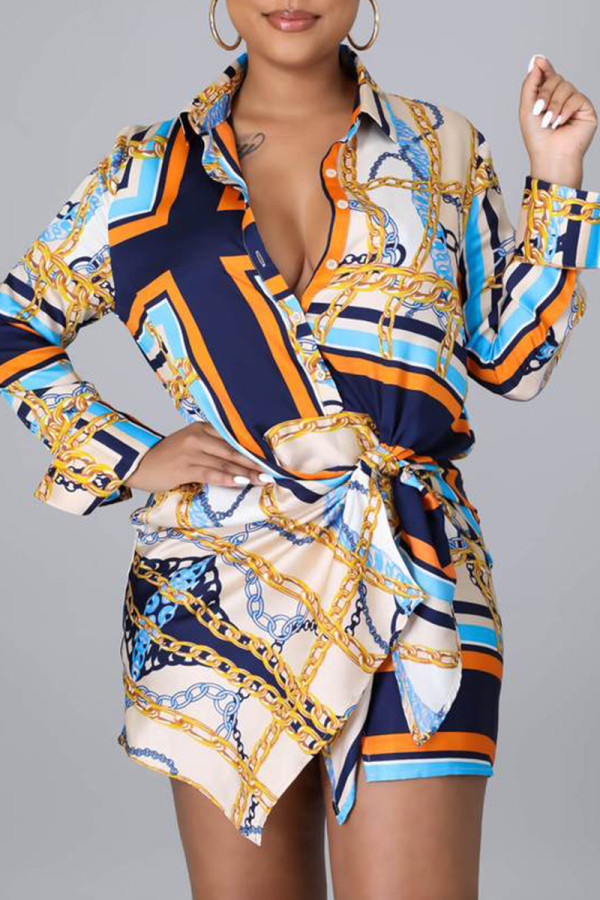 Blue Casual Print Bandage Patchwork Turndown Collar Tops