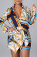 Blue Casual Print Bandage Patchwork Turndown Collar Tops