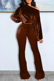 Coffee Fashion Casual Solid Basic Oblique Collar Long Sleeve Two Pieces