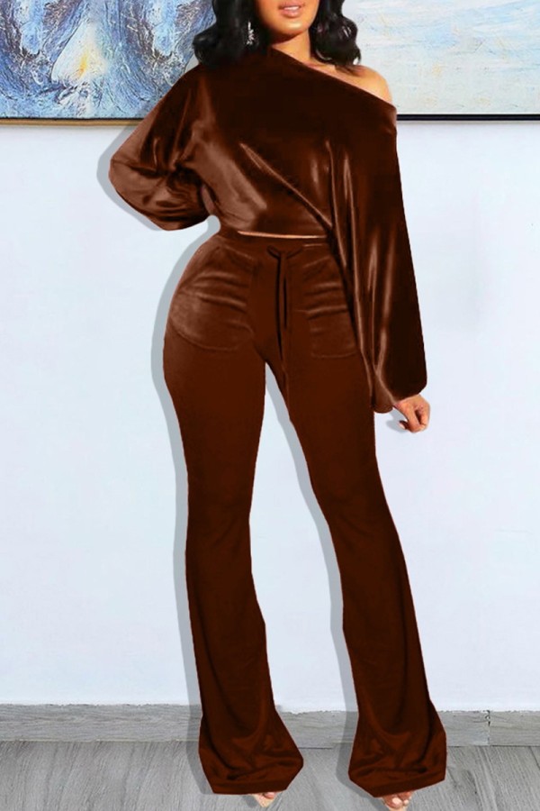 Coffee Fashion Casual Solid Basic Oblique Collar Long Sleeve Two Pieces