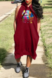 Red Casual Print Patchwork Hooded Collar Straight Dresses