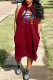 Burgundy Casual Print Patchwork Hooded Collar Straight Dresses