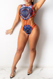 Blue Fashion Sexy Print Hollowed Out Slit O Neck Sleeveless Two Pieces