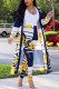 Yellow Sexy Printing Cardigan Long Sleeve Trousers Suit