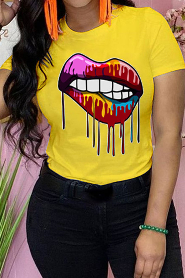Yellow Casual Print Patchwork O Neck T-Shirts