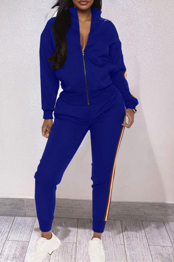 Blue Casual Sportswear Solid Patchwork Zipper Collar Long Sleeve Two Pieces