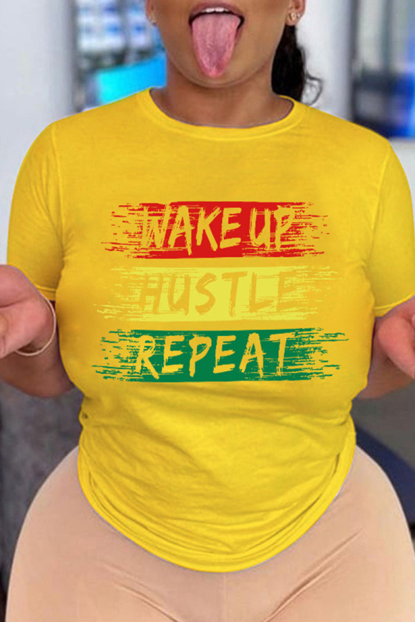 Yellow Casual Print Patchwork O Neck T-Shirts