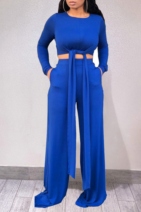 Blue Casual Solid Bandage Patchwork Asymmetrical O Neck Long Sleeve Two Pieces