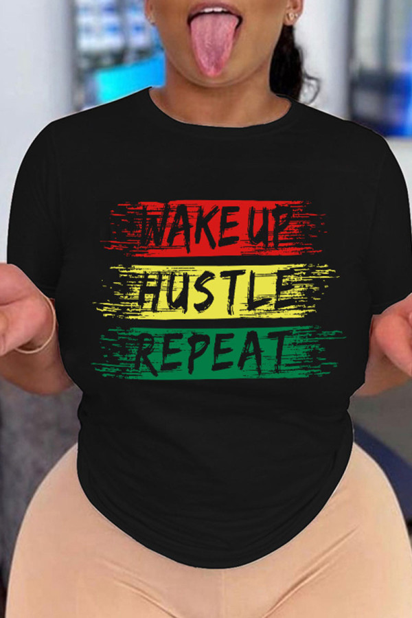 Black Casual Print Patchwork O Neck T-Shirts