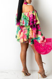 Yellow Fashion Print Backless Off the Shoulder Long Sleeve Regular Romper