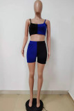 Tibetan Blue Sexy Casual Patchwork Backless Spaghetti Strap Sleeveless Two Pieces