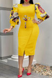 Yellow Casual Print Patchwork O Neck Wrapped Skirt Dresses