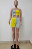 Orange Yellow Sexy Casual Patchwork Backless Spaghetti Strap Sleeveless Two Pieces