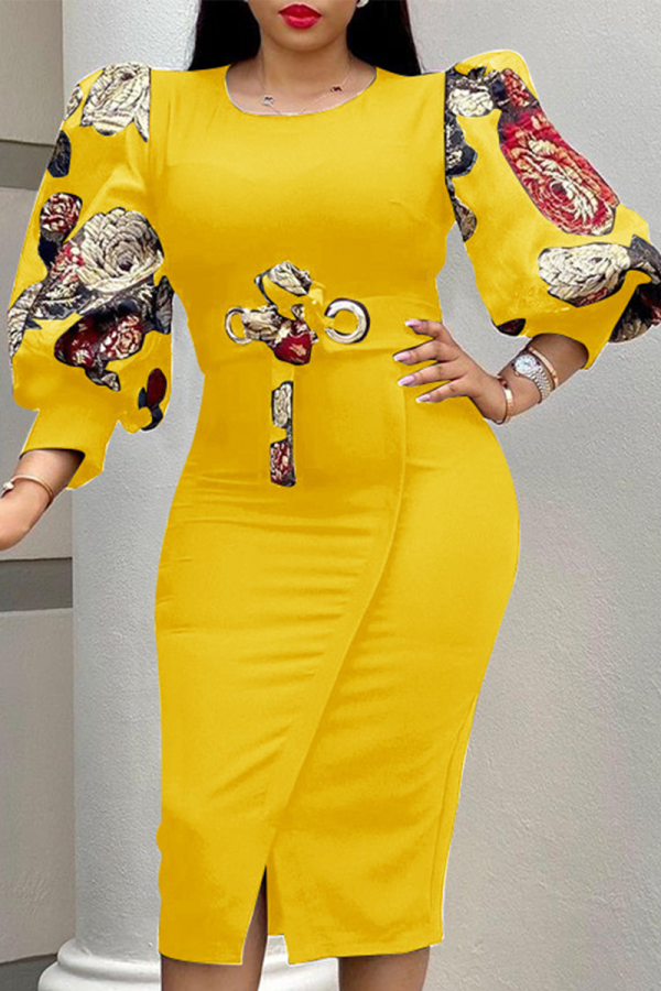 Yellow Casual Print Patchwork O Neck Wrapped Skirt Dresses