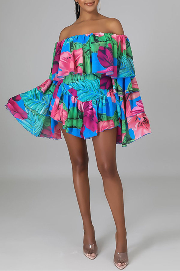 Blue Fashion Print Backless Off the Shoulder Long Sleeve Regular Romper
