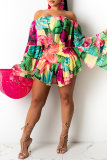 Yellow Fashion Print Backless Off the Shoulder Long Sleeve Regular Romper