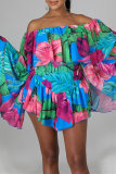 Yellow Fashion Print Backless Off the Shoulder Long Sleeve Regular Romper