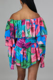 Yellow Fashion Print Backless Off the Shoulder Long Sleeve Regular Romper