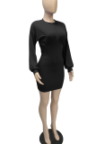 Pink Casual Solid Patchwork O Neck Waist Skirt Dresses
