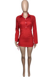 Red Fashion adult Ma'am Street Shirt sleeves Long Sleeves Turndown Collar Step Skirt skirt Solid Dresses