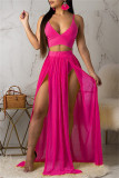 Blue Fashion Sexy Solid Patchwork Backless Spaghetti Strap Sleeveless Two Pieces