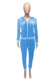 Light Blue Fashion Casual Solid Zipper Hooded Collar Long Sleeve Two Pieces
