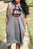 Red Casual Print Patchwork Hooded Collar Straight Dresses