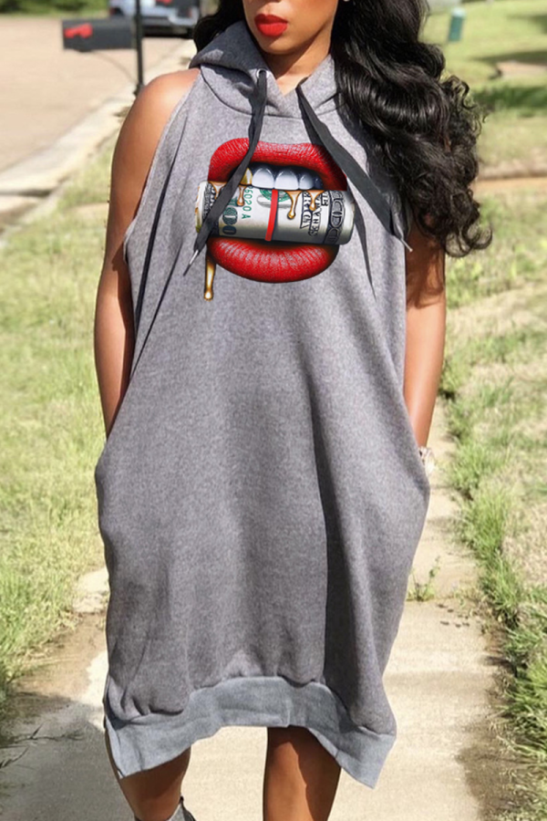 Grey Casual Print Patchwork Hooded Collar Straight Dresses