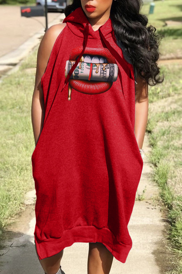 Red Casual Print Patchwork Hooded Collar Straight Dresses