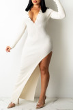Apricot Sexy Solid Patchwork Backless High Opening Asymmetrical V Neck Pencil Skirt Dresses