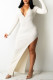 White Sexy Solid Patchwork Backless High Opening Asymmetrical V Neck Pencil Skirt Dresses