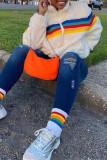 White Fashion Casual Striped Patchwork Zipper Collar Outerwear