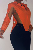 Yellow Sexy Solid Hollowed Out Patchwork Buckle Asymmetrical Turndown Collar Tops
