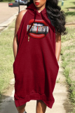 Red Casual Print Patchwork Hooded Collar Straight Dresses