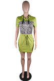 Red Fashion Casual Print Leopard Patchwork Oblique Collar Short Sleeve Dress