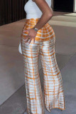 Red Fashion Casual Plaid Print Basic Regular High Waist Conventional Full Print Bottoms