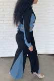 Blue Casual Solid Patchwork Hooded Collar Long Sleeve Two Pieces