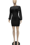 Pink Casual Solid Patchwork O Neck Waist Skirt Dresses