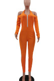 Orange Sexy Solid Patchwork Zipper Halter Skinny Jumpsuits