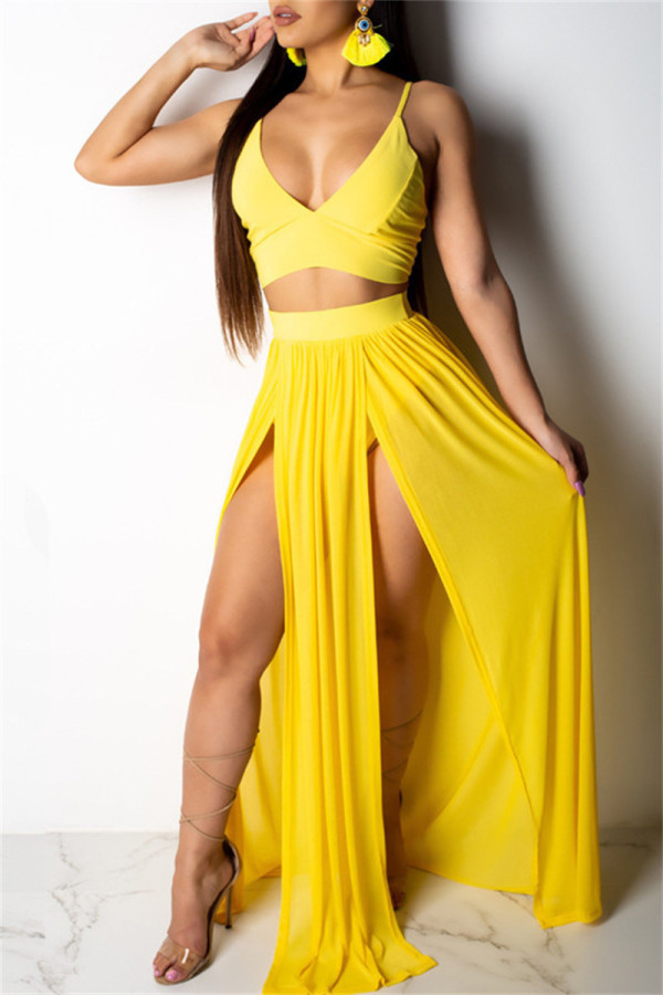 Yellow Fashion Sexy Solid Patchwork Backless Spaghetti Strap Sleeveless Two Pieces