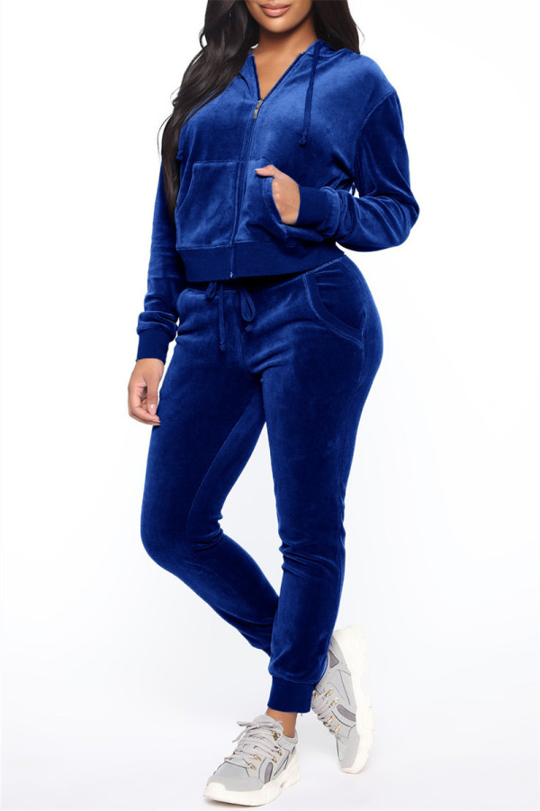Deep Blue Fashion Casual Solid Zipper Hooded Collar Long Sleeve Two Pieces