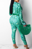 Lake Blue Sexy Print Patchwork Turndown Collar Long Sleeve Two Pieces(Without Belt)