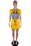 Red Fashion Casual Print Leopard Patchwork Oblique Collar Short Sleeve Dress