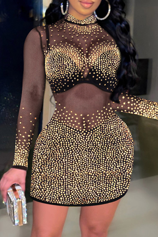Gold Sexy Patchwork Hot Drilling See-through Half A Turtleneck Long Sleeve Dresses